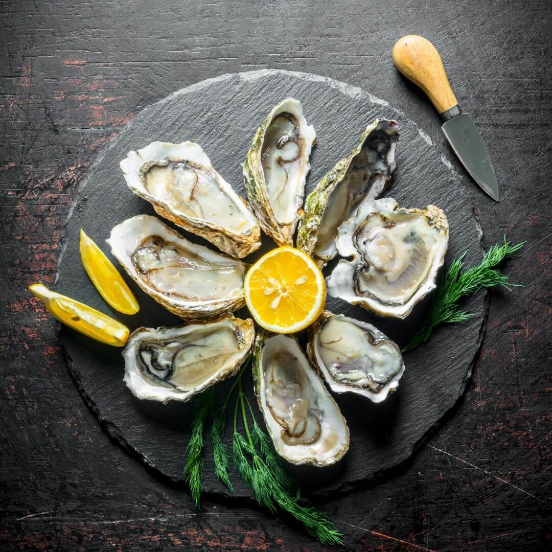Fresh shucked oysters on a platter